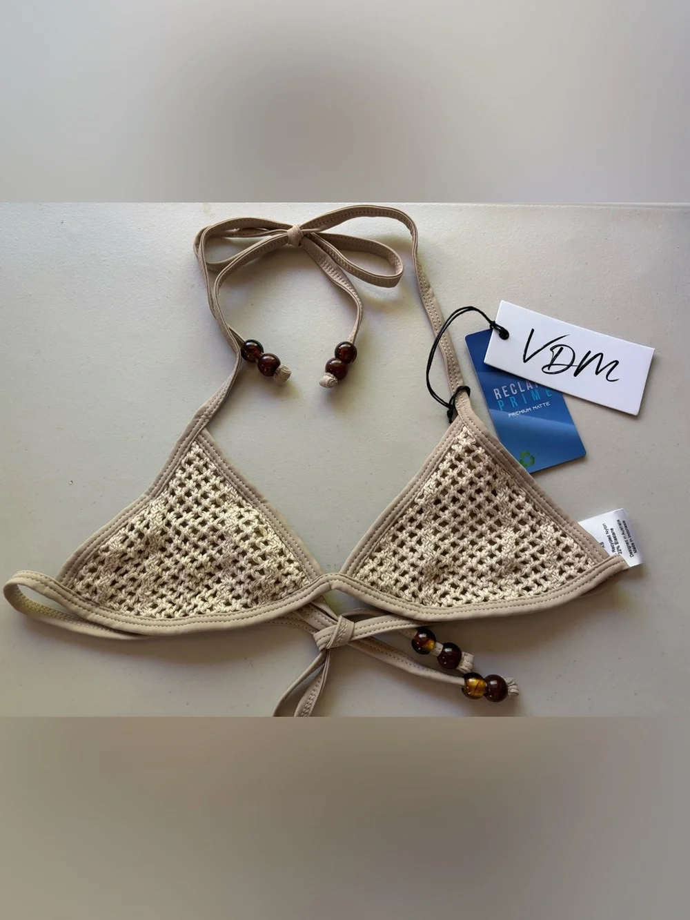 VDM The Label Reversible  Beige Crochet Triangle Bikini Set, Size XS
